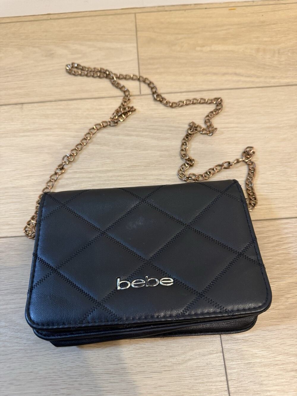 Black Quilted Faux Leather Crossbody Bag with Gold Chain Strap Zig Zag Bebe